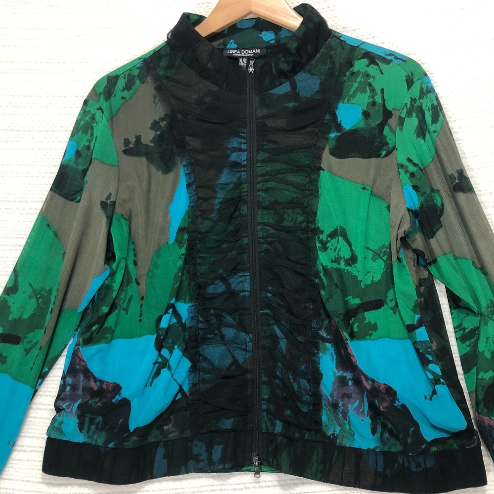 Linea Domani Limited Collection Abstract Mesh Zip Front Jacket Green Teal XL